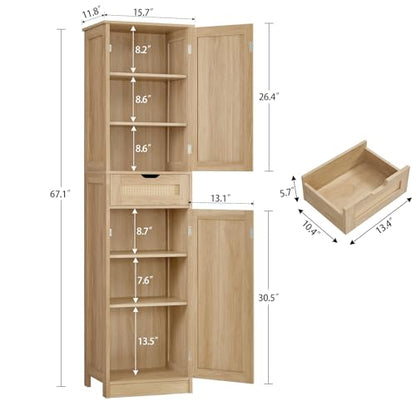 67" H Tall Storage Cabinet with 2 Rattan Doors and 1 Drawer, Narrow Rattan Cabinet with Adjustable Shelves, for Living Room, Entryway, Kitchen, Natural