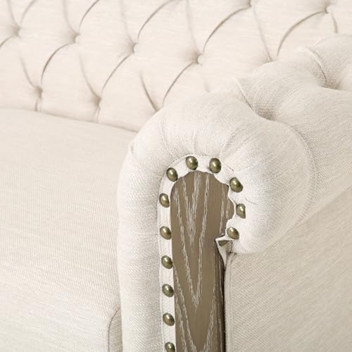 LUMISOL 3-Seat Sofa with Rivet Detailing for Living Room, Retro Style Sofa Couch Furniture with Wooden Legs, Loveseat with Pull-tab Backrest for Apartments Office, Beige