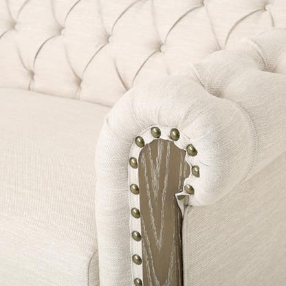 LUMISOL 3-Seat Sofa with Rivet Detailing for Living Room, Retro Style Sofa Couch Furniture with Wooden Legs, Loveseat with Pull-tab Backrest for Apartments Office, Beige