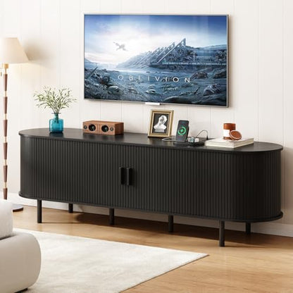 70.8" TV Stand with Power Outlet for TVs up to 75 Inch, Entertainment Center with Storage and Adjustable Shelves, Modern Media Console with Sliding Doors for Living Room, Black
