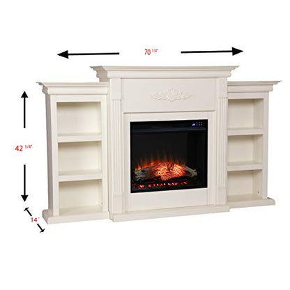 Tennyson Touch Screen Electric Fireplace with Book Shelves - Ivory - Transitional Design, Ivory Glass and Wood - Ideal for Living Room, Bedroom (FR8544)