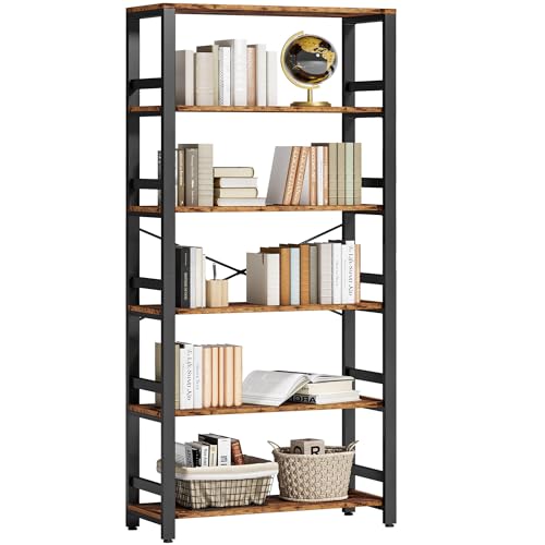 Bookshelf, 31.5in Wide Shelf 6 Tier Bookcase, 110lbs/shelf Vintage Industrial Style Bookshelves for Bedroom, Living Room and Home Office, Vintage Brown
