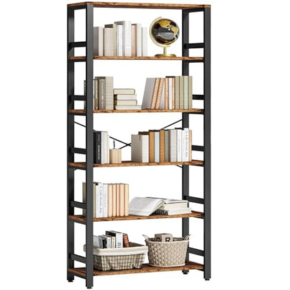 Bookshelf, 31.5in Wide Shelf 6 Tier Bookcase, 110lbs/shelf Vintage Industrial Style Bookshelves for Bedroom, Living Room and Home Office, Vintage Brown