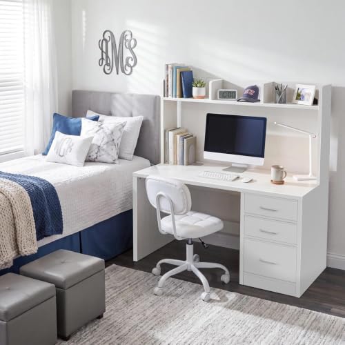 Wood Desk with Hutch and 3 Drawers， White, view 5