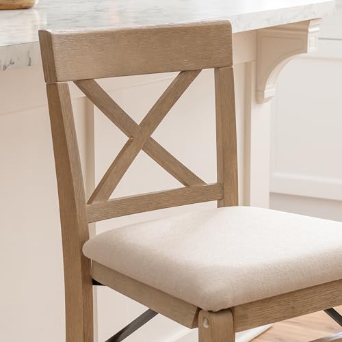 Triena X Back Neutral Greywash Wooden Fully Assembled Folding 24 Inch Seat Height Counter Stool with Beige Upholstered Seat