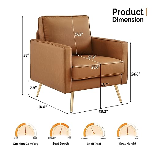 Modern PU Leather Accent Chair for Living Room,Bedroom Comfy Chair Arm Chair Reading Chair with Golden Metal Legs and Deep Seat for Office,Apartment,Small Space,Cognac