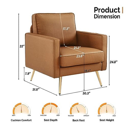 Modern PU Leather Accent Chair for Living Room,Bedroom Comfy Chair Arm Chair Reading Chair with Golden Metal Legs and Deep Seat for Office,Apartment,Small Space,Cognac