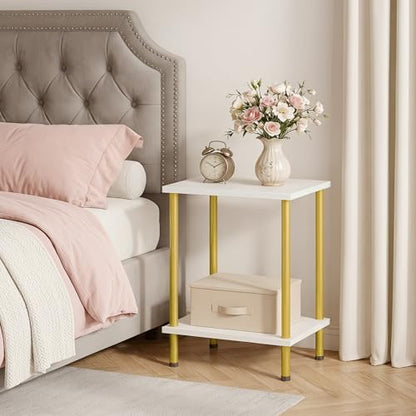End Tables Set of 2, Small Side Table, Nightstand with 2-Layer Storage Shelves, Sofa Table for Small Spaces, Living Room, Bedroom, Stable Frame, Easy Assembly, White and Gold DW09BZP201