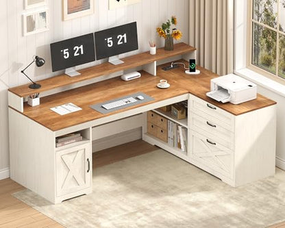 61" Farmhouse L Shaped Desk with Drawers ＆ Storage Shelves for Home Office, view 2
