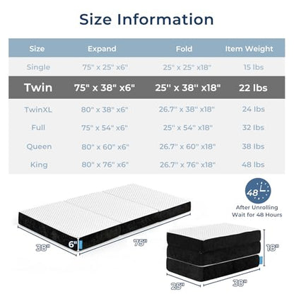 Odorless Foldable Mattress Twin Size 75" x 38" x 6", 6 Inch Medium Firm Folding Foam Mattress with Storage Bag, Fiberglass Free Trifold Memory Foam Mattress for RV, Guest Bed