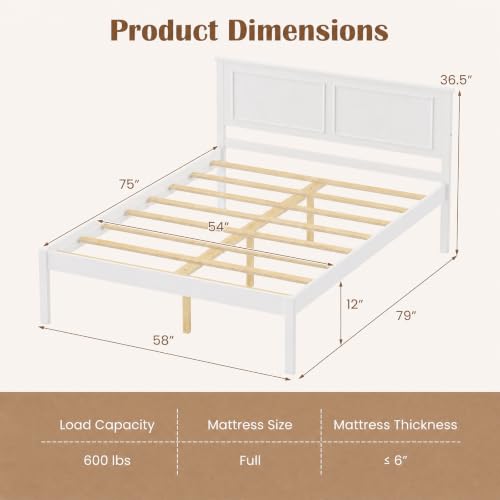 Queen Size Wooden Bed Frame with Headboard, White, view 3