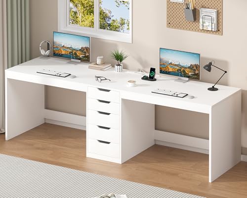 2 Person Desk with 5 Drawers and Power Outlets, 78.7 Inch Long Computer Desk with Storage File Cabinet, Two Person Home Office Double Desk with Storage, White