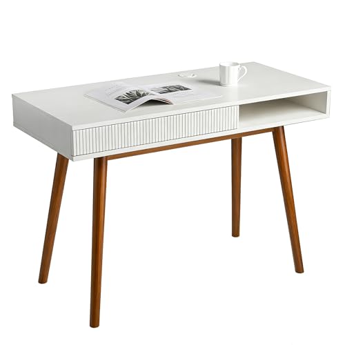 White Wood Desk with Drawer, 42" Mid Century Modern Writing Desk, view 2