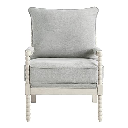 Kaylee Spindle Accent Chair with Antique White Wood Frame, Smoke Grey Fabric