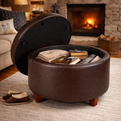 24" Round Leatherette Storage Ottoman - Chocolate Brown