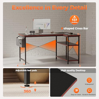 Small L Shaped Computer Desk with Power Outlets, Reversible Gaming Desk with Storage Shelves, Corner Gamer Desk Table, Study Writing Table