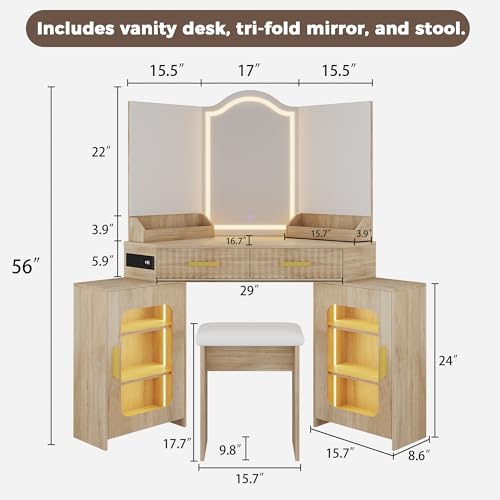 Corner Vanity Desk with Mirror and Lights, Makeup Vanities with 2 Fluted Drawers and Storage Cabinet, Power Outlet & 3 Light Settings, Dimmable for Women Girls, Natural Wood