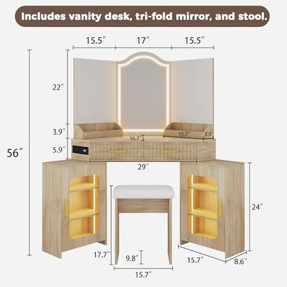 Corner Vanity Desk with Mirror and Lights, Makeup Vanities with 2 Fluted Drawers and Storage Cabinet, Power Outlet & 3 Light Settings, Dimmable for Women Girls, Natural Wood