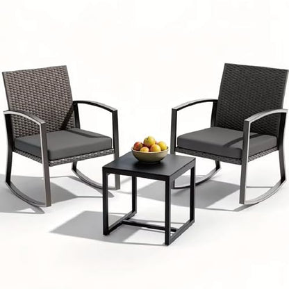 Rocking Patio Bistro Sets - All-Weather - 3 Piece Rattan Conversation Furniture Set, Wicker Outdoor Front Porch Chair for Balcony, Porch, Garden, Backyard, Poolside,Medium Gray