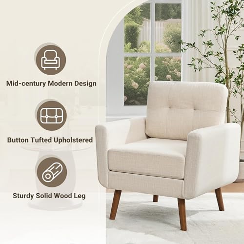 Linen Fabric Single Sofa, Accent Chair, Mid Century Modern Armchair for Living Room, Bedroom Button Tufted Upholstered Comfy Reading Sofas, Beige