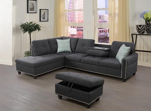 Sectional Sofa Couch, Modern 4-Seaters Living Room Furniture Sets with Chaise Lounge, Ottoman & 2 Pillows | L Shape Couch | Cup Holder | Linen Fabric, Charcoal Gray