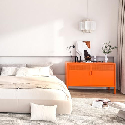 2 Door Accent Cabinet, Orange Metal Storage Cabinet with Adjustable Shelf, view 7