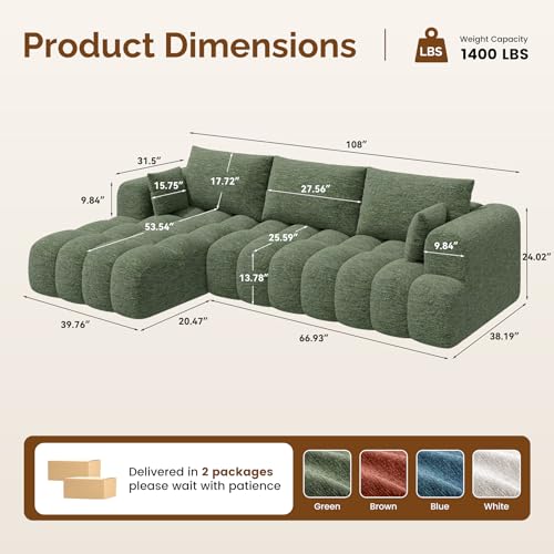 108” Boneless Couch, Cloud Couch with L-Shape Chaise, Modular Sectional Sofa with Oversized Deep Seat,Couch for Living Room Bedroom,No Assembly Required,Green