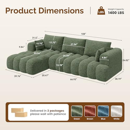 108” Boneless Couch, Cloud Couch with L-Shape Chaise, Modular Sectional Sofa with Oversized Deep Seat,Couch for Living Room Bedroom,No Assembly Required,Green