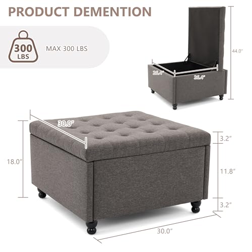 30 Inch Large Square Storage Ottoman Coffee Table, Oversized Square Ottoman with Storage, Tufted Upholstered Coffee Tables for Living Room (Fabric, Dark Grey)
