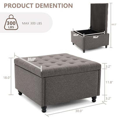 30 Inch Large Square Storage Ottoman Coffee Table, Oversized Square Ottoman with Storage, Tufted Upholstered Coffee Tables for Living Room (Fabric, Dark Grey)