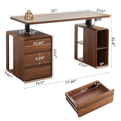 Electric Standing Desk with Drawers, 55" Office Desk Height Adjustable Executive Desk with Storage Shelves, Simple Setup Wood Desk Home Office Stand up Desk for Work, Study, Writing, Walnut