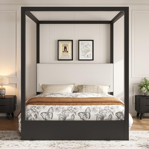 Queen Size Canopy Platform Bed with Upholstered Headboard, Black, view 3