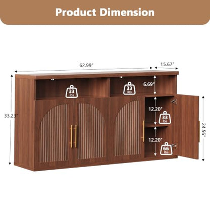 63" Wide Fluted Buffet Cabinet with Open Storage Shelf, Walnut, view 3