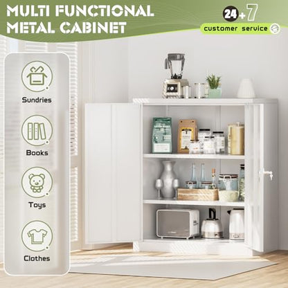 36” Metal Storage Cabinet, Locking Steel Storage Cabinet with 2 Doors and 2 Adjustable Shelves, Small Lockable Tool Storages Cabinet for Garage, Home, Office (White)