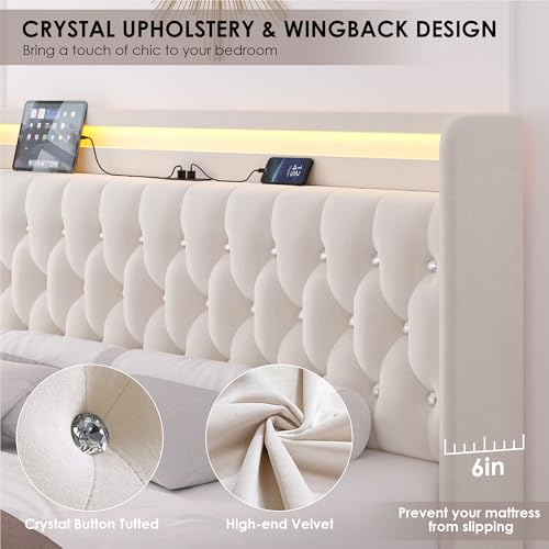 Upholstered Queen LED Bed Frame w/Storage & Charging Headboard, Beige, view 8
