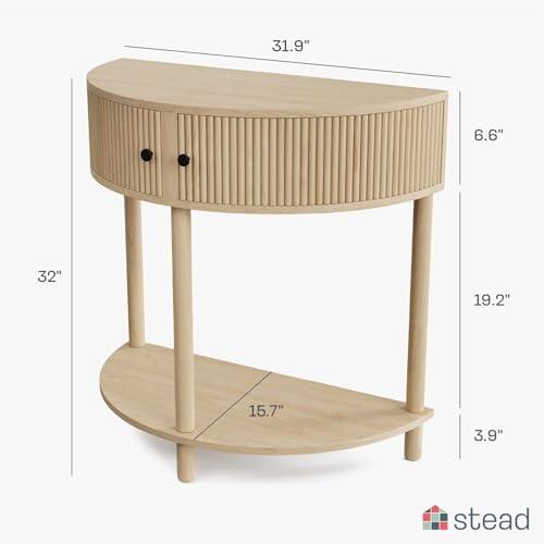 Fluted Half Moon Shaped Console Table, Small Entry Desk, Living Room Furniture, Modern Home Decor, Solid Wood Entryway Table with Two Doors and Black Knobs (Natural Oak)