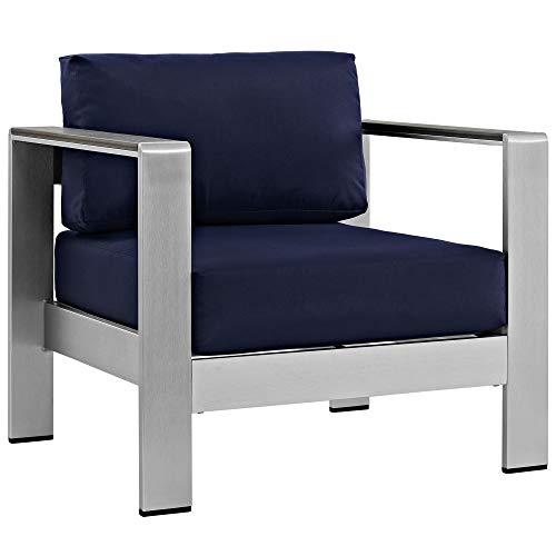 Shore Outdoor Patio Collection | Durable Aluminum Sectional Sofa Set - Silver Navy | Enhance outdoor relaxation with this elegant furniture set. Includes Coffee Table, Loveseat, and Armchairs.