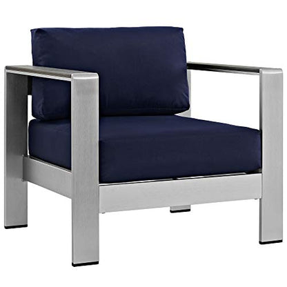 Shore Outdoor Patio Collection | Durable Aluminum Sectional Sofa Set - Silver Navy | Enhance outdoor relaxation with this elegant furniture set. Includes Coffee Table, Loveseat, and Armchairs.