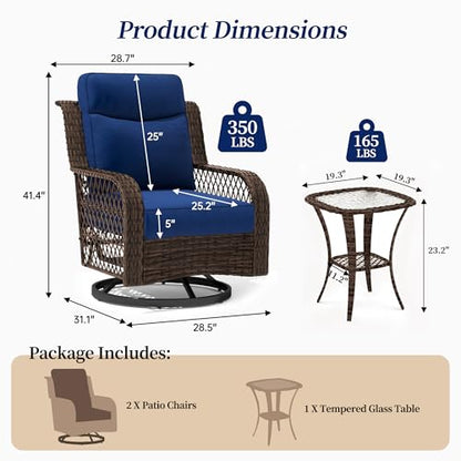 Outdoor Swivel Chairs 3 Piece Wicker Rocking Chairs Set Patio Furniture Set with Rattan Side Table Rocker Bistro Sets for Outside Porch Backyard (5" Thick Cushions and 25" Full Support Back)