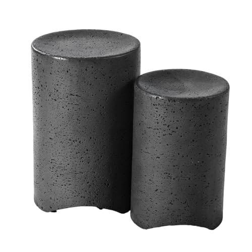 Concrete Outdoor Side Table, Set of 2 Round End Tables, Decorative Garden Stools for Indoor Outdoor, Patio Accent Side Table w Spotted, Nesting, Dark Grey