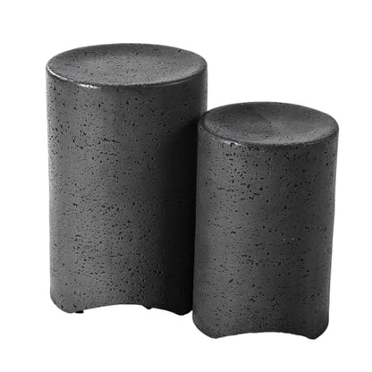 Concrete Outdoor Side Table, Set of 2 Round End Tables, Decorative Garden Stools for Indoor Outdoor, Patio Accent Side Table w Spotted, Nesting, Dark Grey