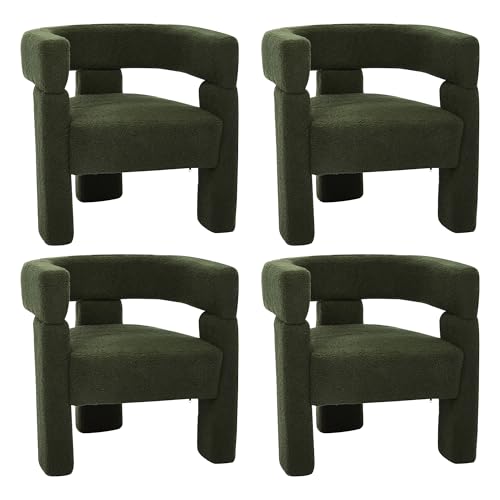Boucle Sherpa Dining Chairs Set of 4, Comfy Upholstered Side Armchairs Barrel Side Chairs with 3 Legs, Mid Morden Century Dining Room Chairs for Bedroom,Kitchen,Dining,Living,Balcony,Reception, Green