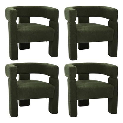 Boucle Sherpa Dining Chairs Set of 4, Comfy Upholstered Side Armchairs Barrel Side Chairs with 3 Legs, Mid Morden Century Dining Room Chairs for Bedroom,Kitchen,Dining,Living,Balcony,Reception, Green