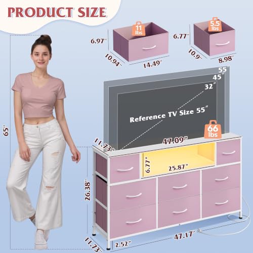 LED Dresser TV Stand for 55 Inch TV, 8 Fabric Drawers, Pink Dresser, view 3
