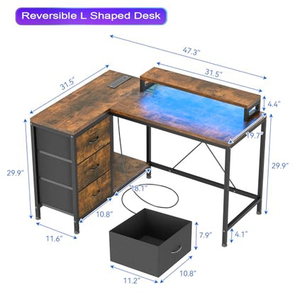 L Shaped Desk with Power Outlets & LED Lights, Computer Desk with Drawers & Shelves, Corner Desk Gaming Desk Home Office Desk, Rustic Brown