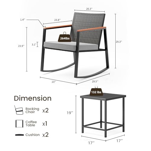 3 Piece Outdoor Patio Wicker Furniture Set, Outdoor Patio Rocking Bistro Set of 2 with Wooden Armrests and Coffee Table for Lawn, Yard, Porch, Balcony (Grey)