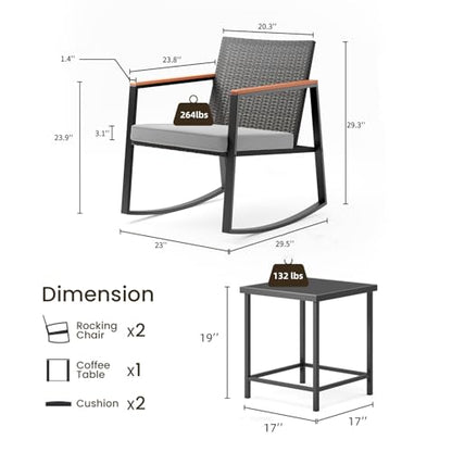 3 Piece Outdoor Patio Wicker Furniture Set, Outdoor Patio Rocking Bistro Set of 2 with Wooden Armrests and Coffee Table for Lawn, Yard, Porch, Balcony (Grey)