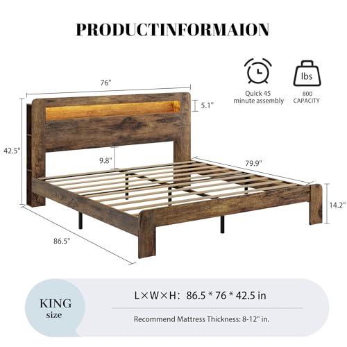 King Wood Bed Frame with Storage Headboard and Charging Station, view 3
