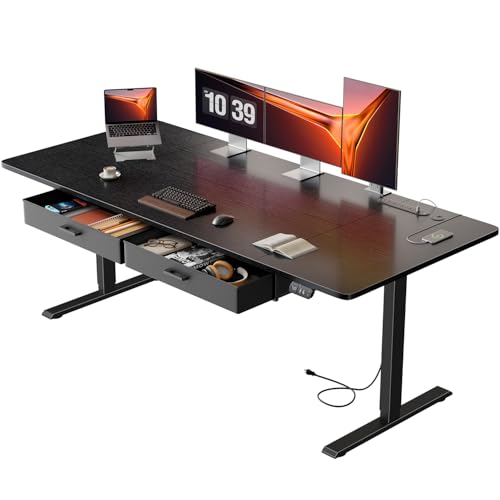 Electric Standing Desk, Extra Large 71 x 31.5 Inches Height Adjustable Table with Outlets, Sit Stand Computer Desk with Drawers for Home Office, Ergonomic Rising Workstation, Black