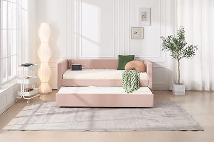 Twin Size Upholstered Daybed with Trundle,USB Port,Side Pockets, V Grained backrest Design,No Box Spring Needed, for Bedroom, Guest Room (Pink, Twin)